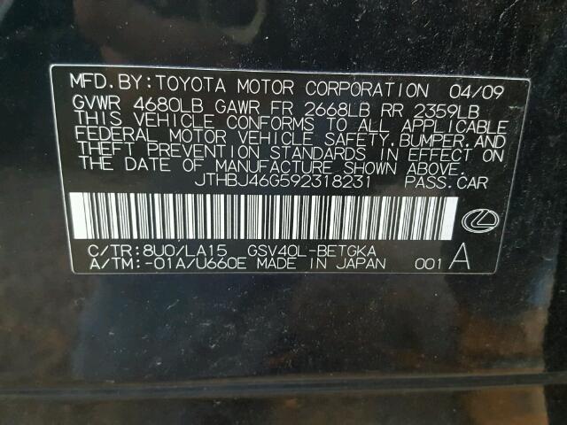 JTHBJ46G592318231 - 2009 LEXUS ES 350 BLACK photo 10