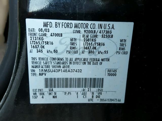 1FMSU43P14EA37432 - 2004 FORD EXCURSION BLACK photo 10