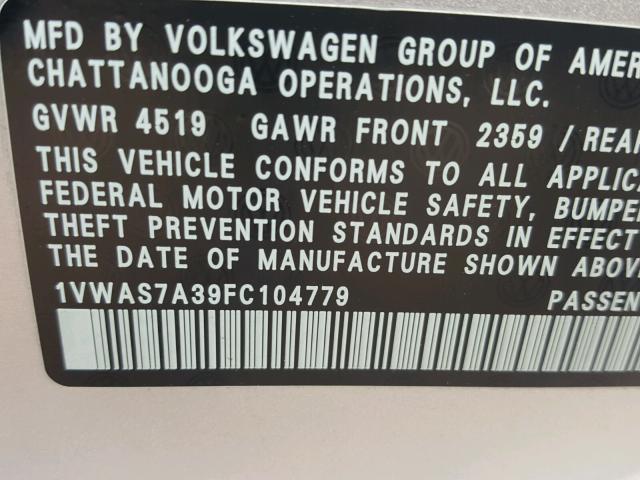 1VWAS7A39FC104779 - 2015 VOLKSWAGEN PASSAT S SILVER photo 10