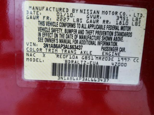 3N1AB6AP3AL663437 - 2010 NISSAN SENTRA 2.0 RED photo 10