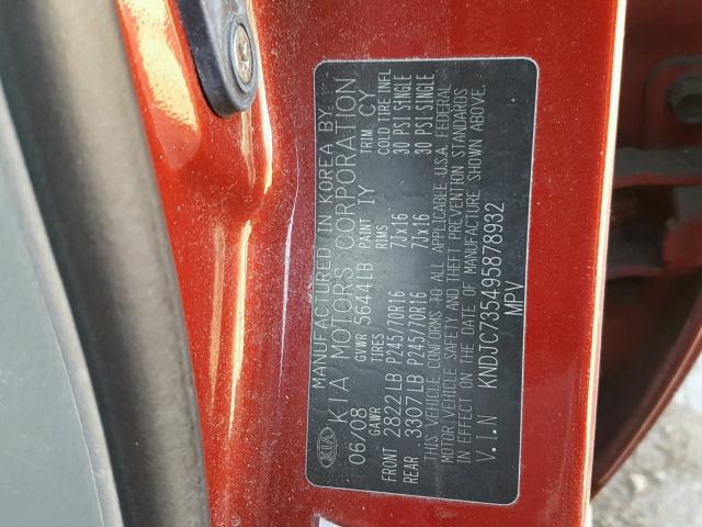 KNDJC735495878932 - 2009 KIA SORENTO LX RED photo 10