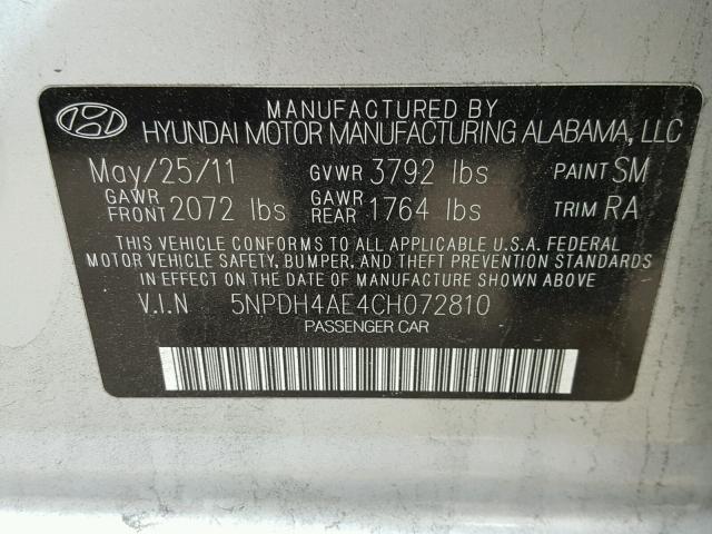 5NPDH4AE4CH072810 - 2012 HYUNDAI ELANTRA GL SILVER photo 10