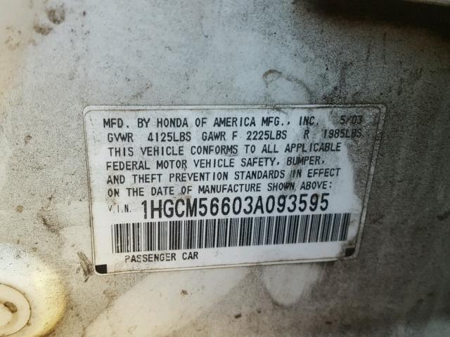 1HGCM56603A093595 - 2003 HONDA ACCORD EX WHITE photo 10