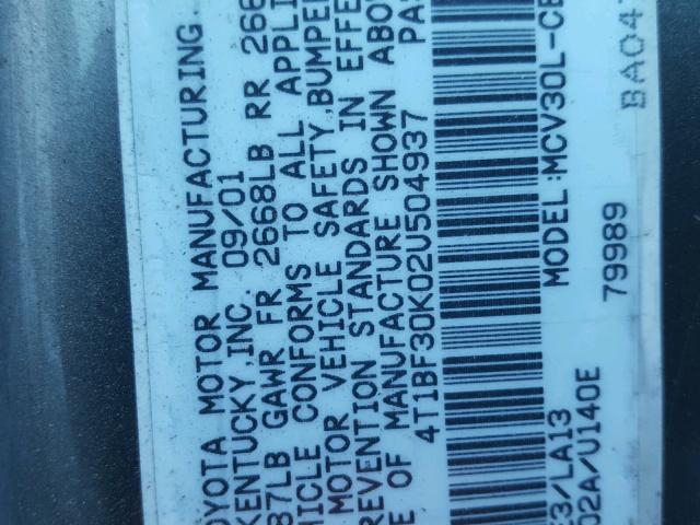 4T1BF30K02U504937 - 2002 TOYOTA CAMRY LE 灰色 照片 10