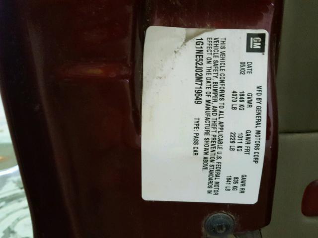 1G1NE52J02M719649 - 2002 CHEVROLET MALIBU LS 栗色 照片 10