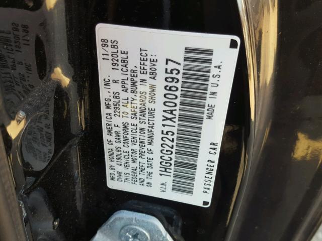 1HGCG2251XA006957 - 1999 HONDA ACCORD EX BLACK photo 10