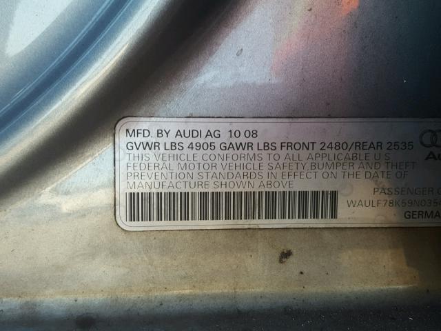 WAULF78K59N035415 - 2009 AUDI A4 2.0T QU GRAY photo 10