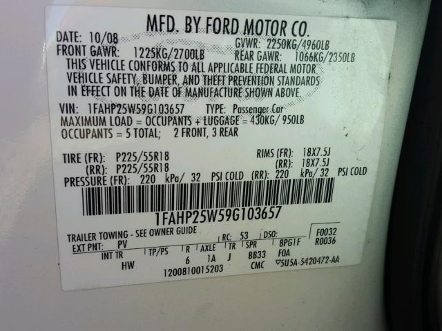 1FAHP25W59G103657 - 2009 FORD TAURUS LIM WHITE photo 10