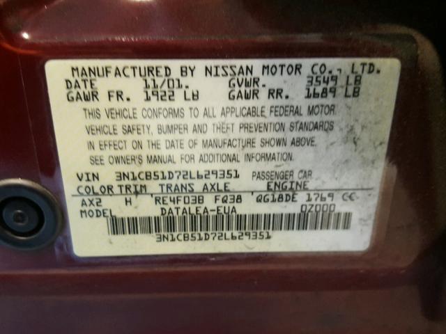 3N1CB51D72L629351 - 2002 NISSAN SENTRA XE BURGUNDY photo 10