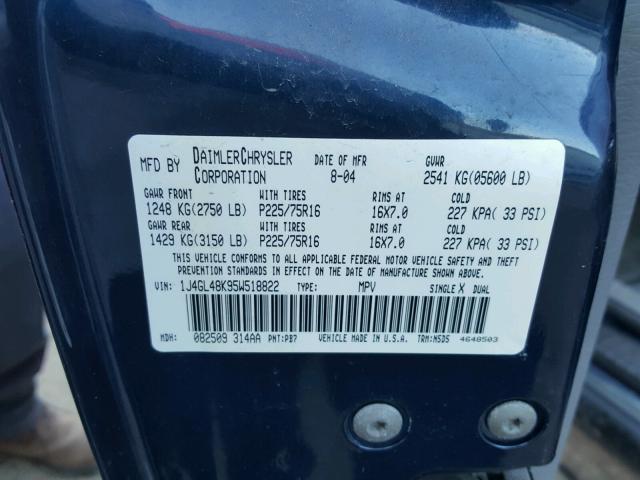 1J4GL48K95W518822 - 2005 JEEP LIBERTY SP BLUE photo 10