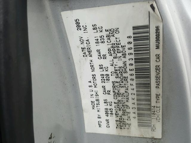 4A3AK24F06E039608 - 2006 MITSUBISHI ECLIPSE GS SILVER photo 10