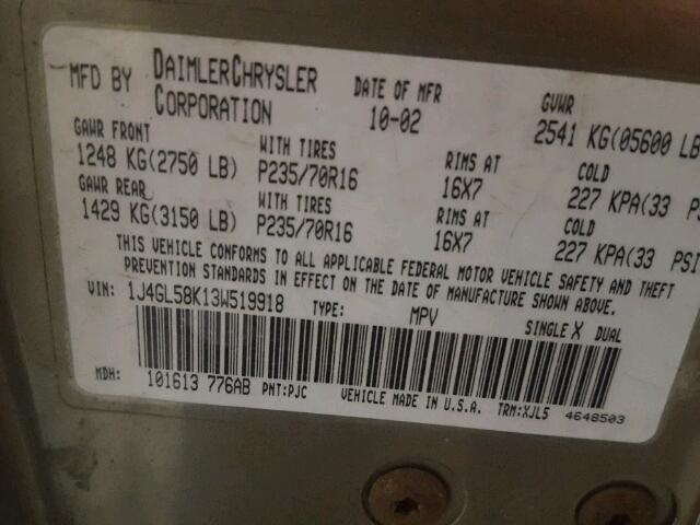 1J4GL58K13W519918 - 2003 JEEP LIBERTY LI GRAY photo 10