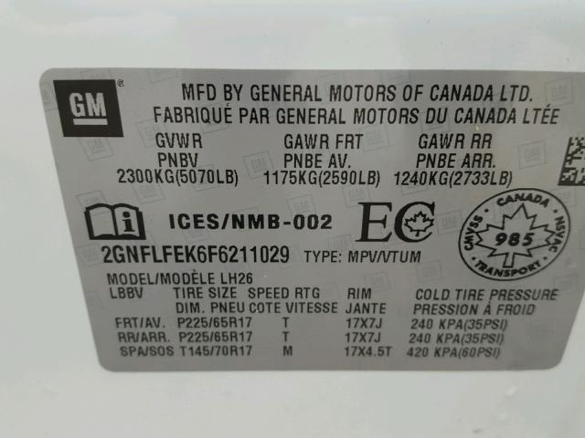 2GNFLFEK6F6211029 - 2015 CHEVROLET EQUINOX LT WHITE photo 10