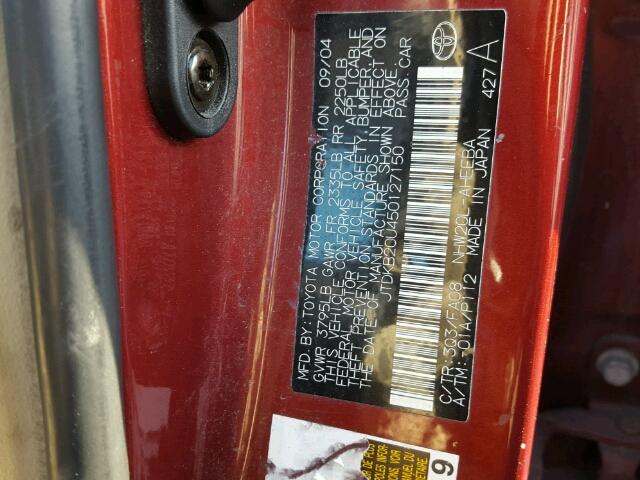 JTDKB20U450127150 - 2005 TOYOTA PRIUS RED photo 10