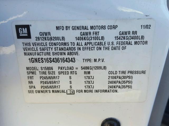 1GNES16S436164343 - 2003 CHEVROLET TRAILBLAZE WHITE photo 10