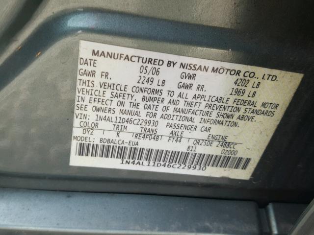 1N4AL11D46C229930 - 2006 NISSAN ALTIMA S GREEN photo 10