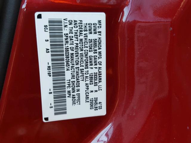 5FNRL18603B094514 - 2003 HONDA ODYSSEY EX RED photo 10