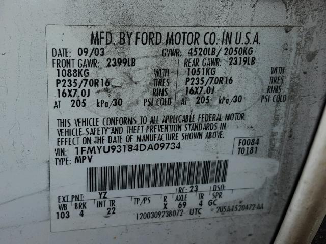 1FMYU93184DA09734 - 2004 FORD ESCAPE XLT WHITE photo 10