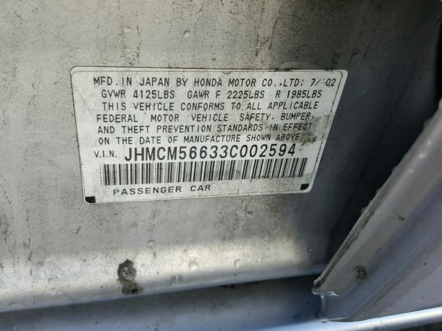 JHMCM56633C002594 - 2003 HONDA ACCORD EX SILVER photo 10