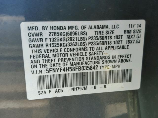 5FNYF4H58FB035842 - 2015 HONDA PILOT EXL GRAY photo 10