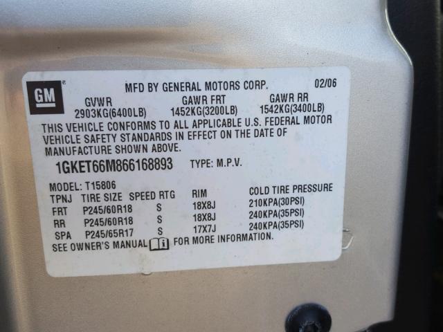 1GKET66M866168893 - 2006 GMC ENVOY DENA SILVER photo 10