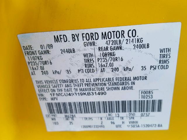 1FMCU49319KB31490 - 2009 FORD ESCAPE HYB YELLOW photo 10