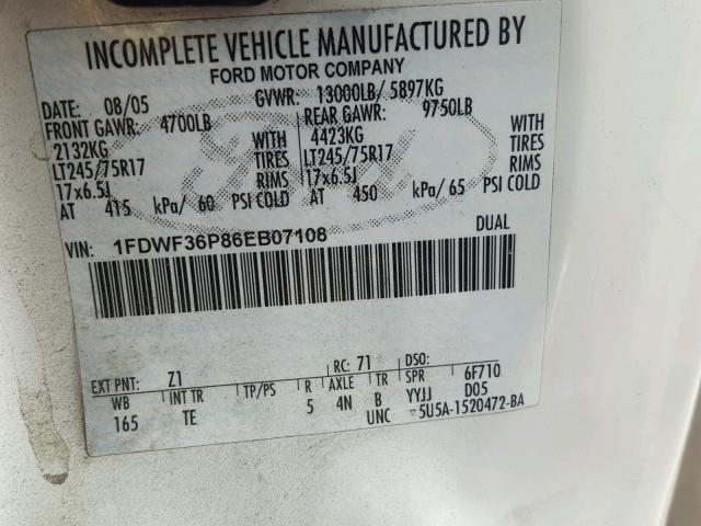 1FDWF36P86EB07108 - 2006 FORD F350 SUPER WHITE photo 10