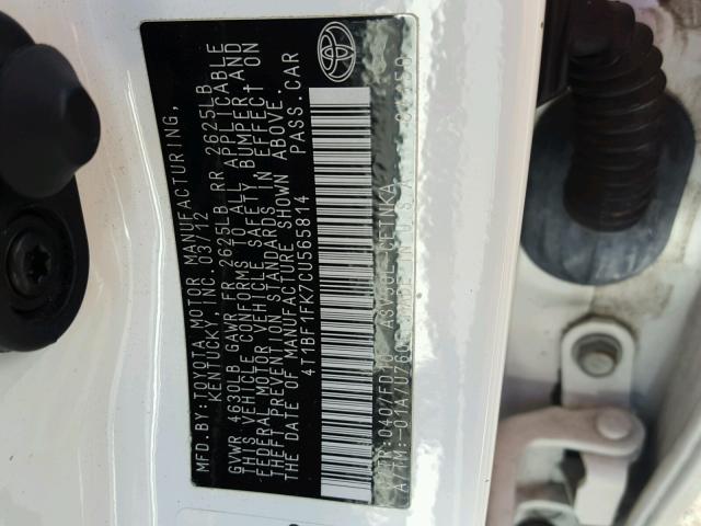 4T1BF1FK7CU565814 - 2012 TOYOTA CAMRY BASE WHITE photo 10