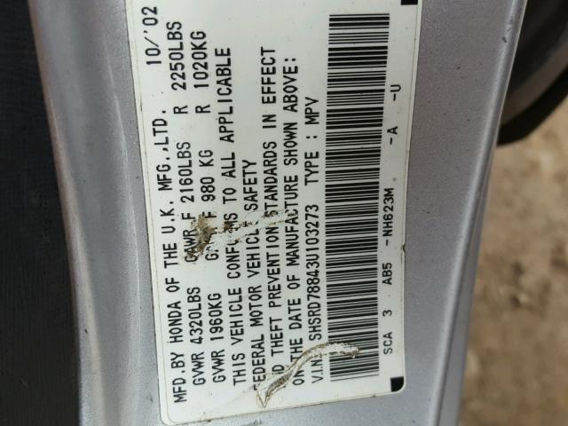 SHSRD78843U103273 - 2003 HONDA CR-V EX ვერცხლისფერი ფოტო 10