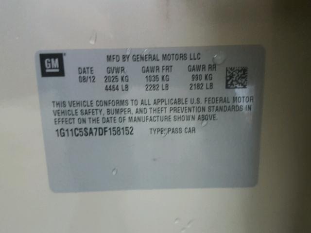 1G11C5SA7DF158152 - 2013 CHEVROLET MALIBU 1LT 奶油色 照片 10