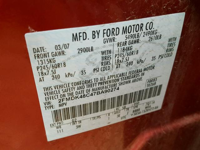 2FMDK48C47BA90274 - 2007 FORD EDGE SEL RED photo 10