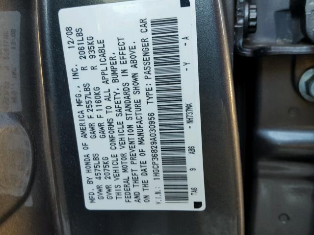 1HGCP36829A030956 - 2009 HONDA ACCORD EXL GRAY photo 10