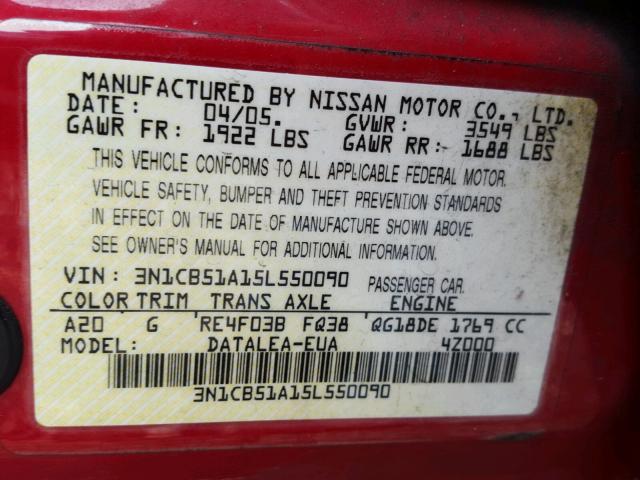 3N1CB51A15L550090 - 2005 NISSAN SENTRA 1.8 RED photo 10