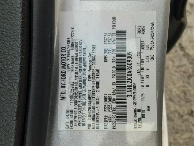 3LNHL2JC0AR609309 - 2010 LINCOLN MKZ SILVER photo 10