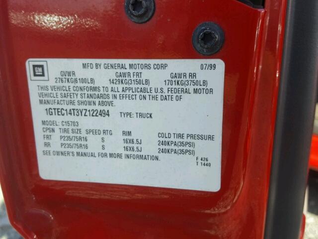 1GTEC14T3YZ122494 - 2000 GMC NEW SIERRA RED photo 10