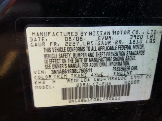 3N1AB61E08L750611 - 2008 NISSAN SENTRA 2.0 BLACK photo 10