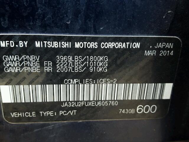 JA32U2FUXEU605760 - 2014 MITSUBISHI LANCER ES/ BLUE photo 10