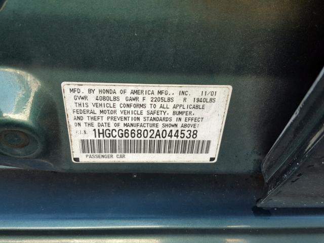 1HGCG66802A044538 - 2002 HONDA ACCORD EX GREEN photo 10