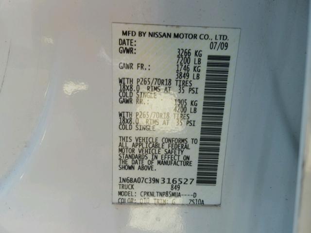 1N6BA07C39N316527 - 2009 NISSAN TITAN XE WHITE photo 10