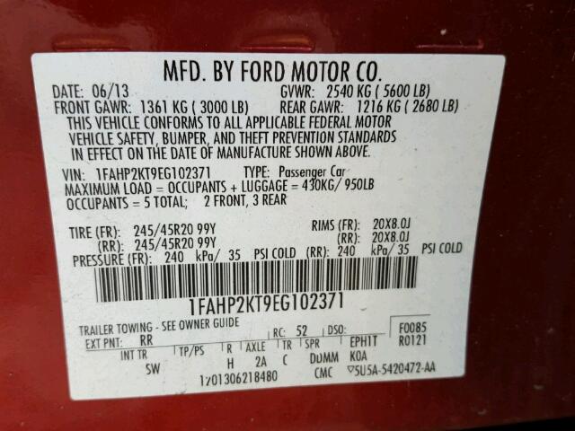 1FAHP2KT9EG102371 - 2014 FORD TAURUS SHO RED photo 10