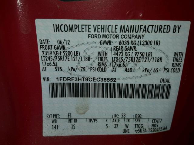 1FDRF3HT9CEC38552 - 2012 FORD F350 SUPER RED photo 10