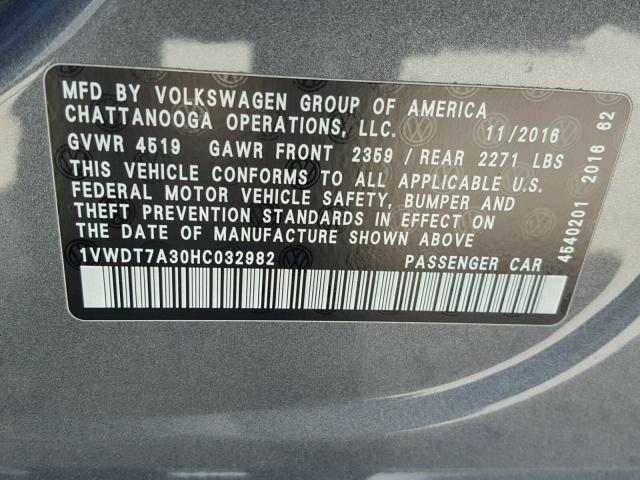 1VWDT7A30HC032982 - 2017 VOLKSWAGEN PASSAT R-L GRAY photo 10