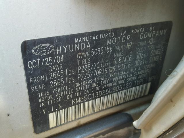 KM8SC13D85U905120 - 2005 HYUNDAI SANTA FE G SILVER photo 10