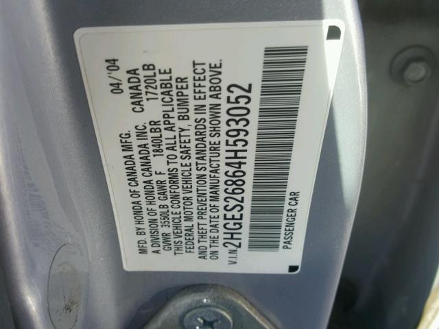 2HGES26864H593052 - 2004 HONDA CIVIC EX SILVER photo 10