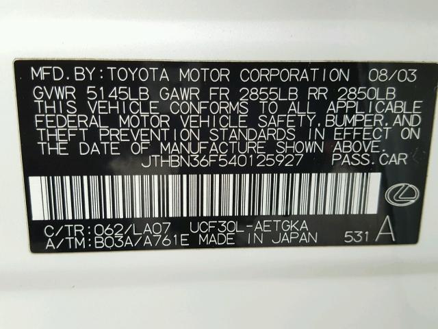 JTHBN36F540125927 - 2004 LEXUS LS 430 WHITE photo 10