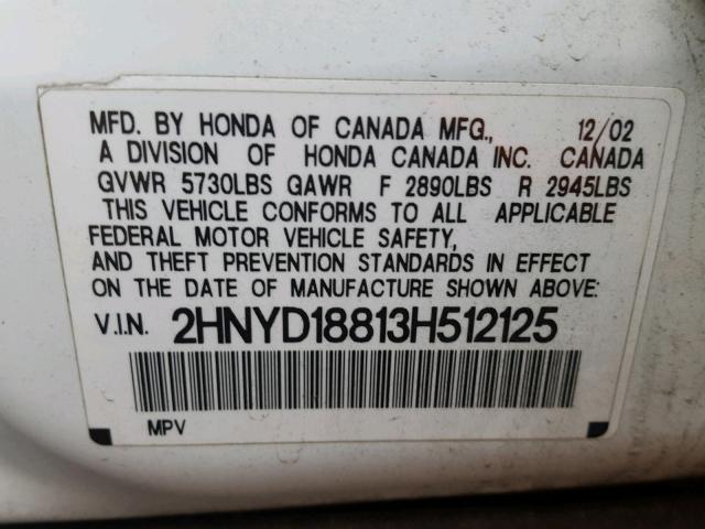 2HNYD18813H512125 - 2003 ACURA MDX TOURIN WHITE photo 10