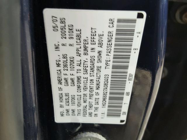 1HGCM66827A082403 - 2007 HONDA ACCORD EX BLUE photo 10