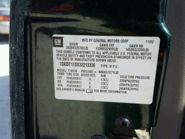 1GKDT13SX32213336 - 2003 GMC ENVOY GREEN photo 10