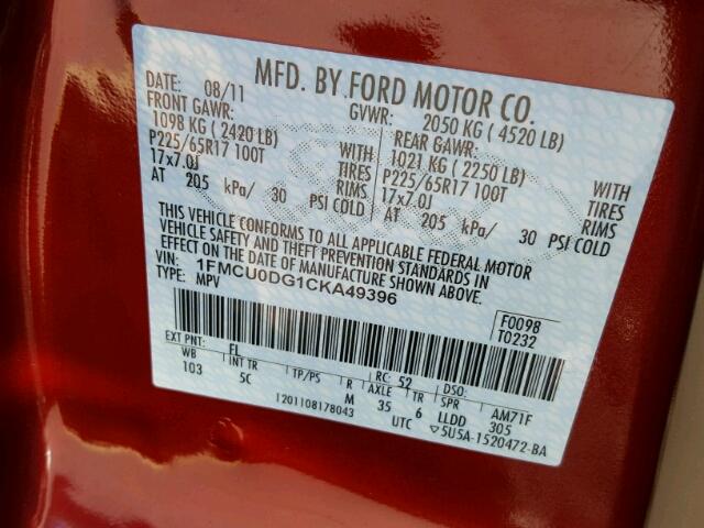 1FMCU0DG1CKA49396 - 2012 FORD ESCAPE XLT RED photo 10