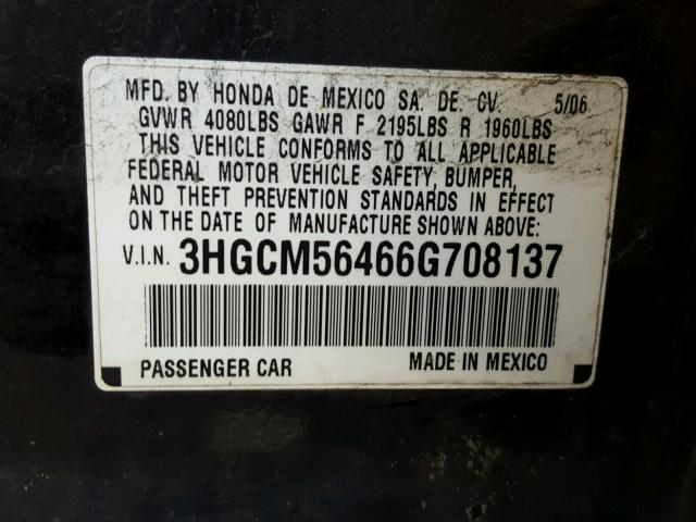 3HGCM56466G708137 - 2006 HONDA ACCORD LX BLACK photo 10